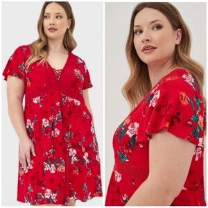 TORRID Red Floral Gauze Flutter Sleeves Lace-Up Skater DRESS pockets 2X NWT